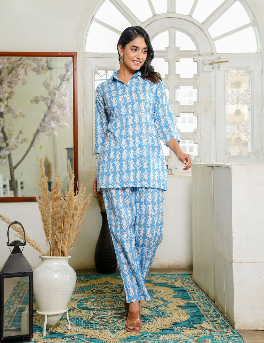 Stylish and breezy blue Sanganeri printed relaxed Fit V-neck Cotton Co-ord Set - HL126