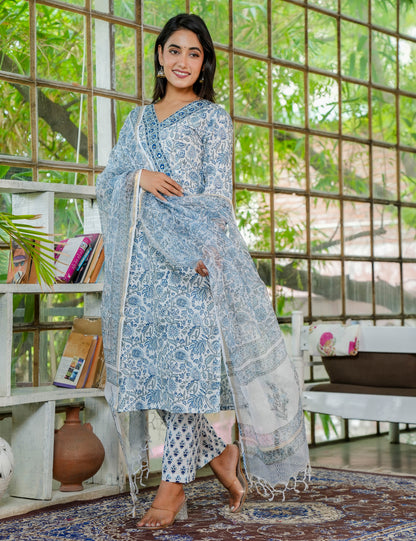 Hand Block Mystic Blue V-Neck Casual Cotton Kurta set with Kota Doria Dupatta -HL26