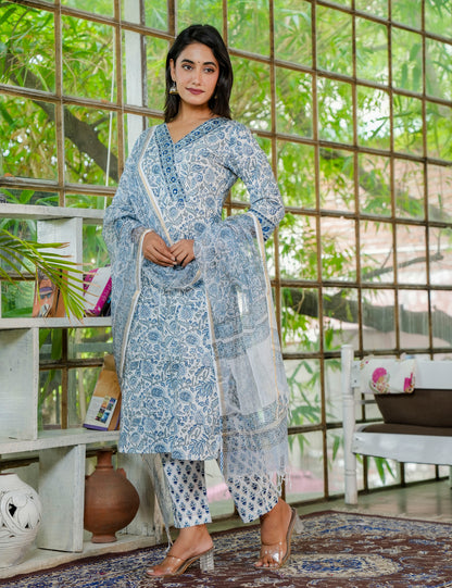 Hand Block Mystic Blue V-Neck Casual Cotton Kurta set with Kota Doria Dupatta -HL26