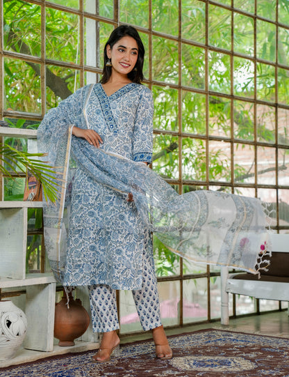 Hand Block Mystic Blue V-Neck Casual Cotton Kurta set with Kota Doria Dupatta -HL26