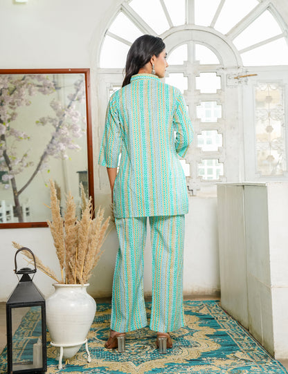 Mint Green Sanganeri Printed Relaxed Fit V-neck Cotton Co-ord Set - HL127