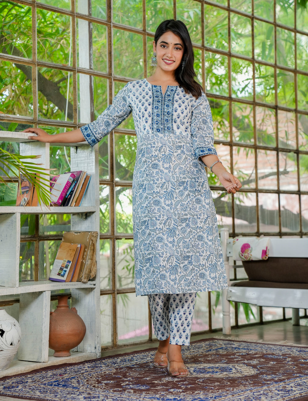 Straight Hand-Block Printed Classic Blue Semi formal Kurta Set with Kota Doria Dupatta - HL27