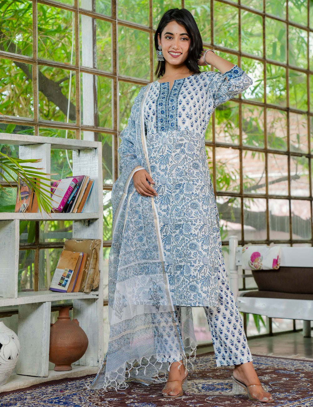 Straight Hand-Block Printed Classic Blue Semi formal Kurta Set with Kota Doria Dupatta - HL27