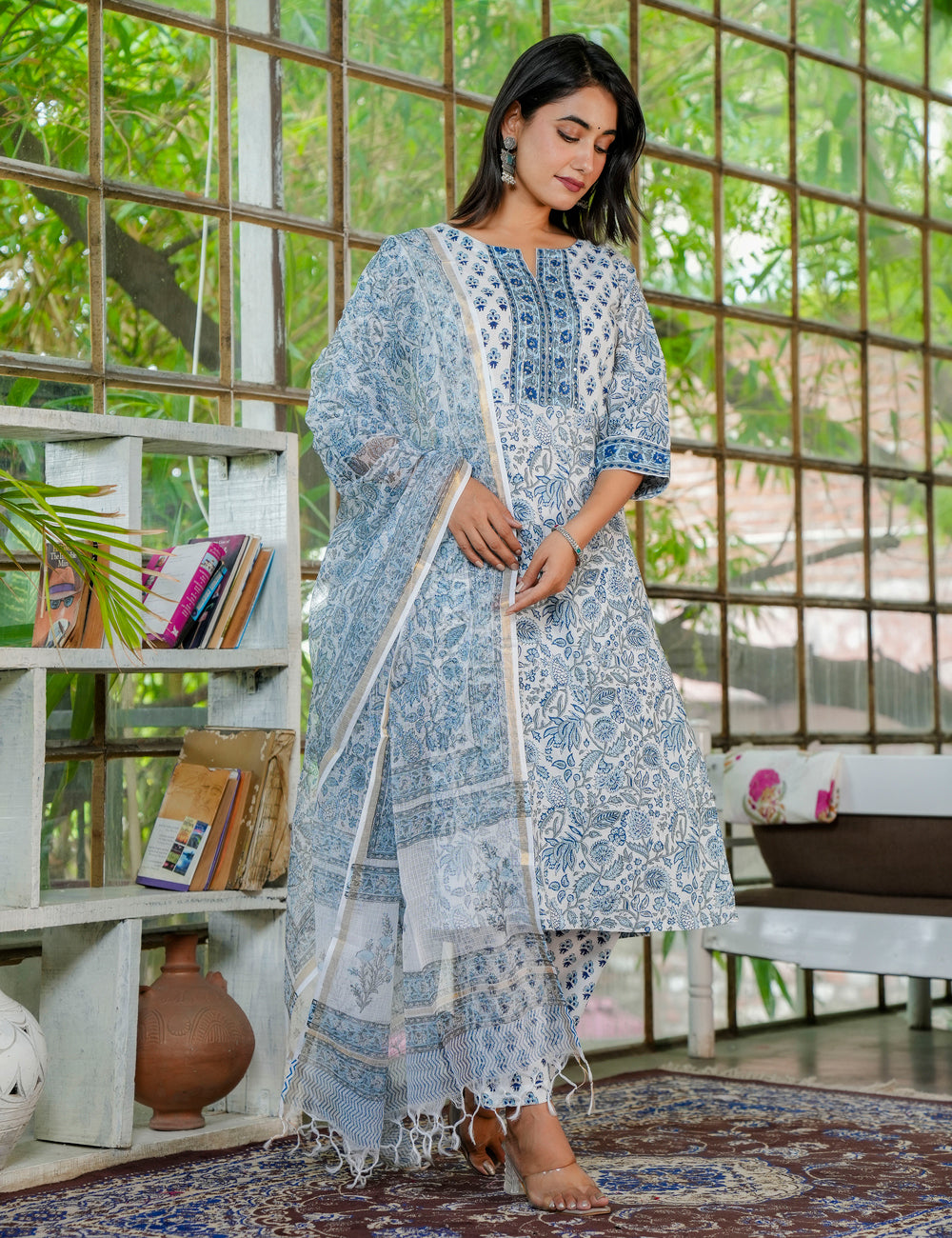 Straight Hand-Block Printed Classic Blue Semi formal Kurta Set with Kota Doria Dupatta - HL27