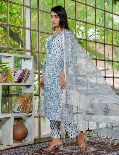 Straight Hand-Block Printed Classic Blue Semi formal Kurta Set with Kota Doria Dupatta - HL27