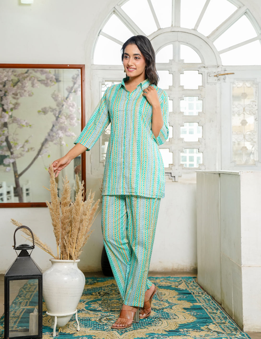Mint Green Sanganeri Printed Relaxed Fit V-neck Cotton Co-ord Set - HL127
