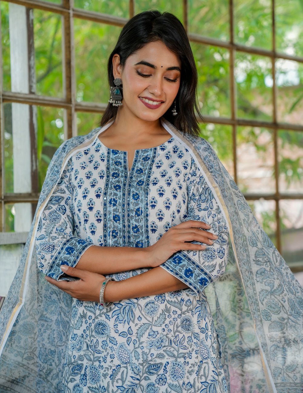 Straight Hand-Block Printed Classic Blue Semi formal Kurta Set with Kota Doria Dupatta - HL27