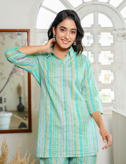 Mint Green Sanganeri Printed Relaxed Fit V-neck Cotton Co-ord Set - HL127