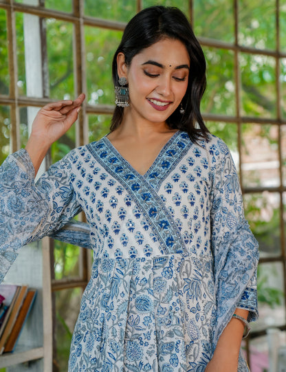A-line Traditional Hand Block Kurta Set with Kota Doria Dupatta -HL28