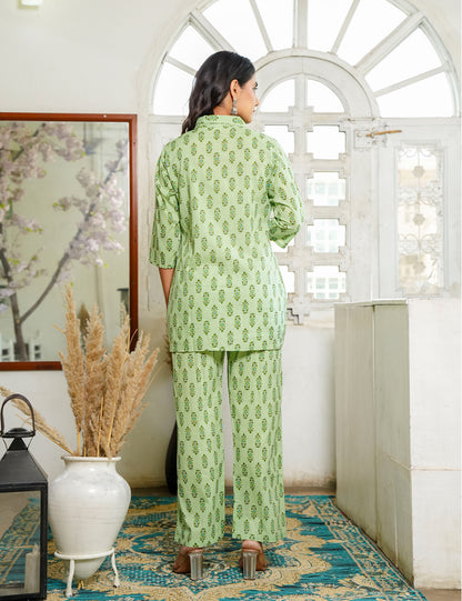 Charming light green Sanganeri Printed Relaxed Fit Cotton Co-ord Set - HL128