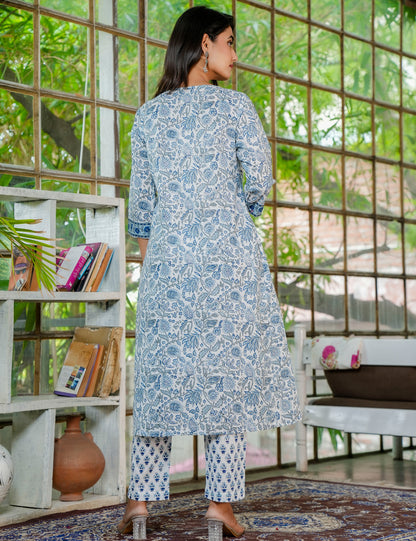 A-line Traditional Hand Block Kurta Set with Kota Doria Dupatta -HL28
