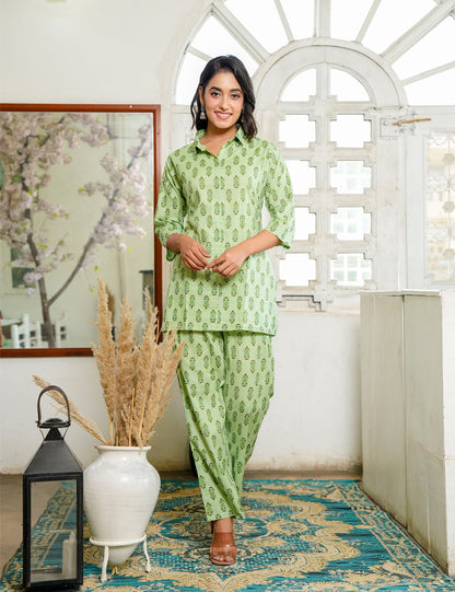 Charming light green Sanganeri Printed Relaxed Fit Cotton Co-ord Set - HL128