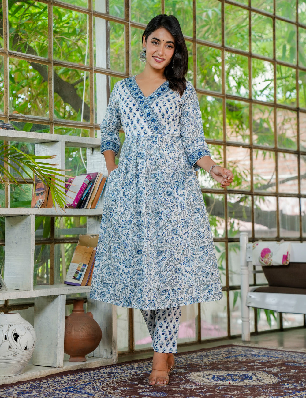 A-line Traditional Hand Block Kurta Set with Kota Doria Dupatta -HL28
