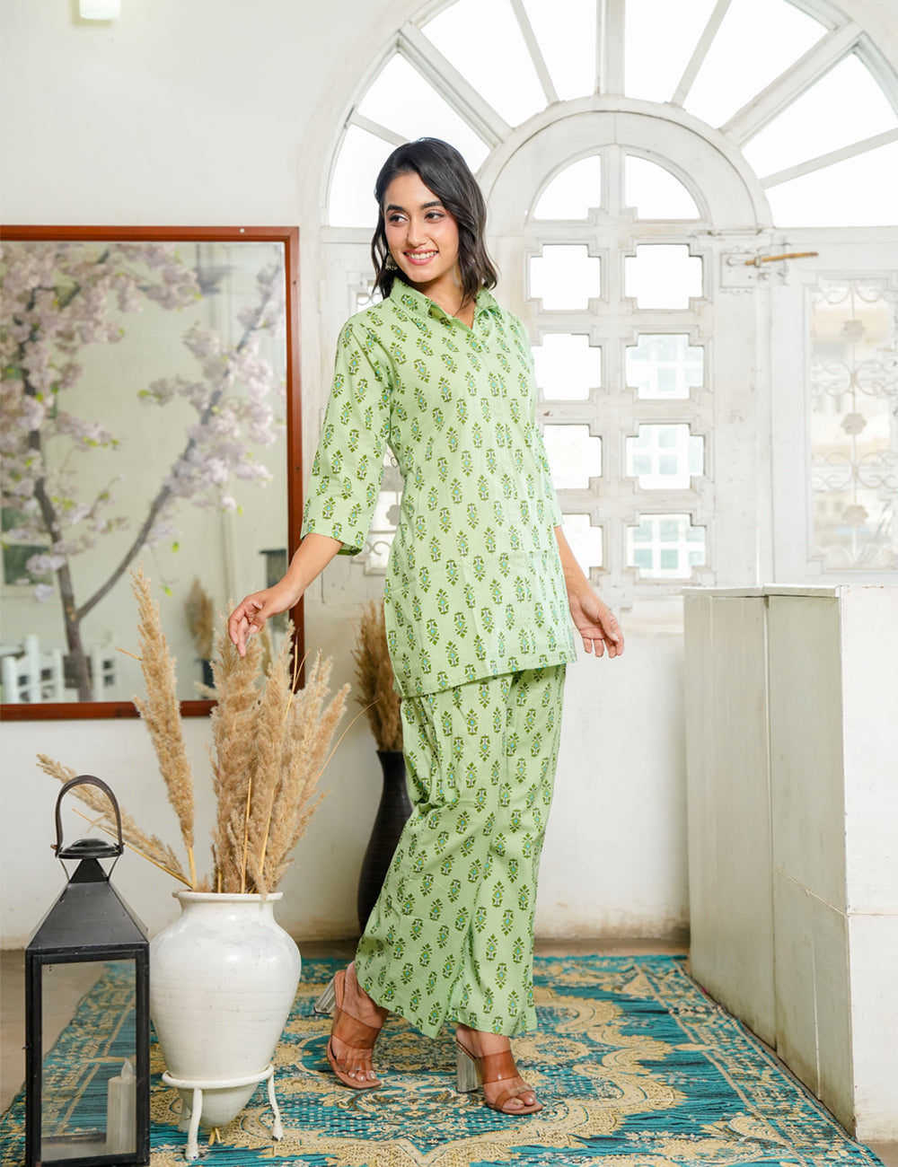 Charming light green Sanganeri Printed Relaxed Fit Cotton Co-ord Set - HL128