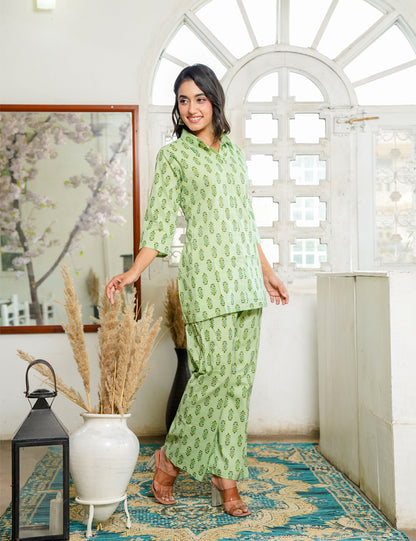 Charming light green Sanganeri Printed Relaxed Fit Cotton Co-ord Set - HL128