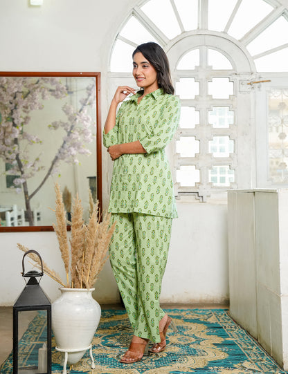 Charming light green Sanganeri Printed Relaxed Fit Cotton Co-ord Set - HL128
