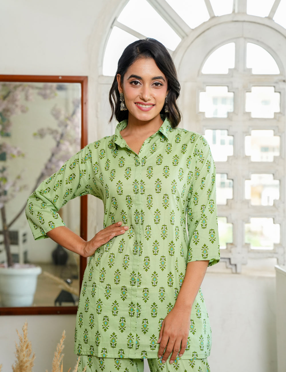 Charming light green Sanganeri Printed Relaxed Fit Cotton Co-ord Set - HL128