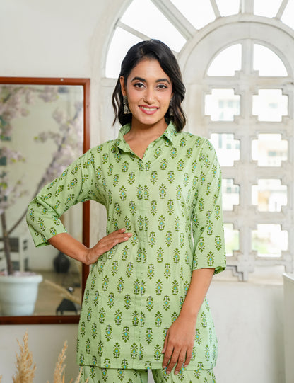 Charming light green Sanganeri Printed Relaxed Fit Cotton Co-ord Set - HL128