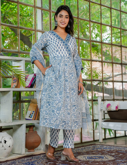 A-line Traditional Hand Block Kurta Set with Kota Doria Dupatta -HL28