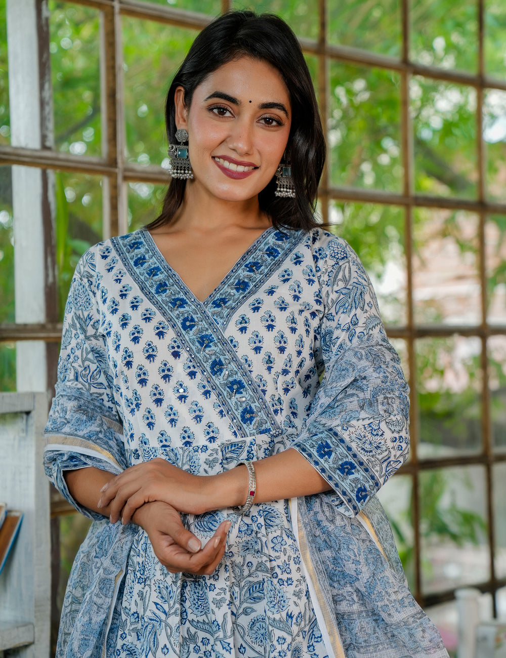 A-line Traditional Hand Block Kurta Set with Kota Doria Dupatta -HL28