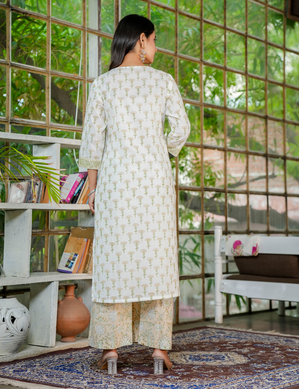 Olive Bloom Embroidered Neckline Hand Block Printed Cotton Kurta Set with Kota Doria Dupatta - HL29