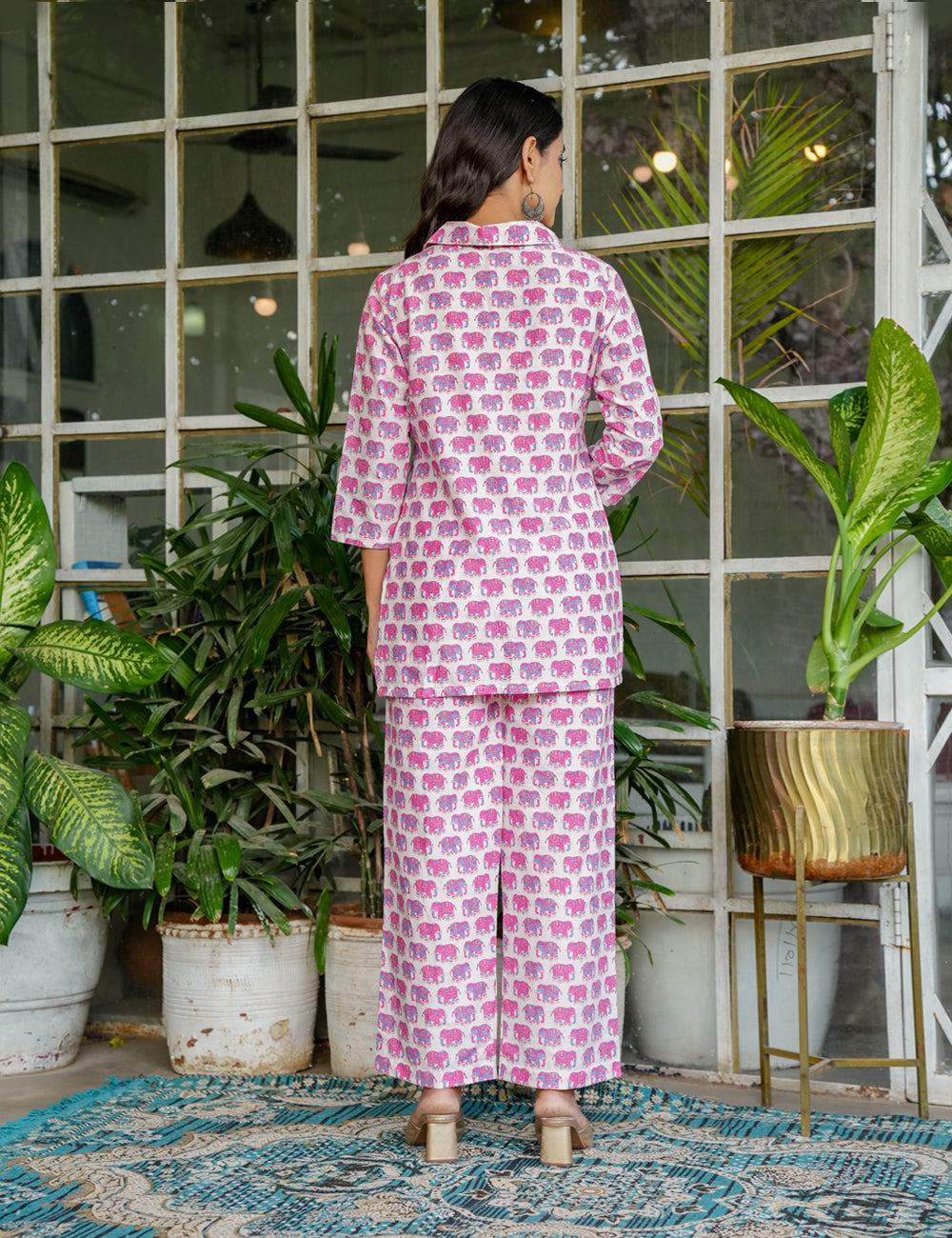 Vibrant Pink & Purple elephant print Sanganeri Printed Relaxed Fit Cotton Co-ord Set - HL129