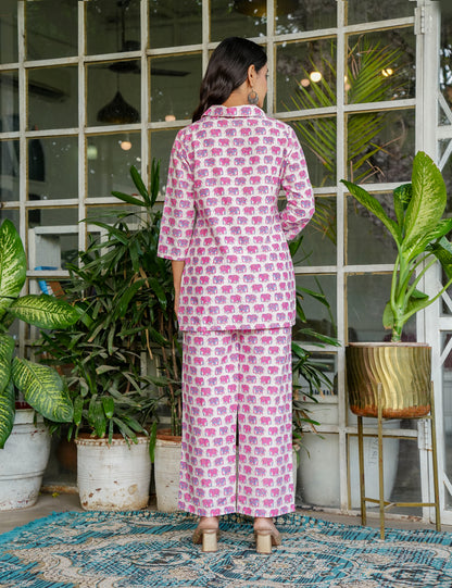 Vibrant Pink & Purple elephant print Sanganeri Printed Relaxed Fit Cotton Co-ord Set - HL129