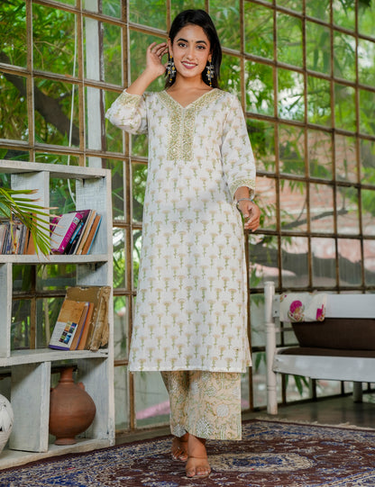 Olive Bloom Embroidered Neckline Hand Block Printed Cotton Kurta Set with Kota Doria Dupatta - HL29