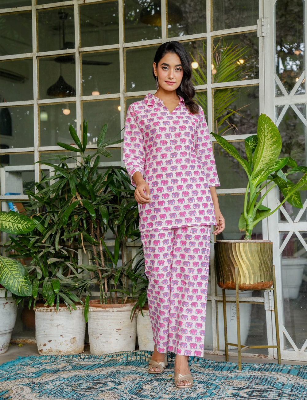 Vibrant Pink & Purple elephant print Sanganeri Printed Relaxed Fit Cotton Co-ord Set - HL129