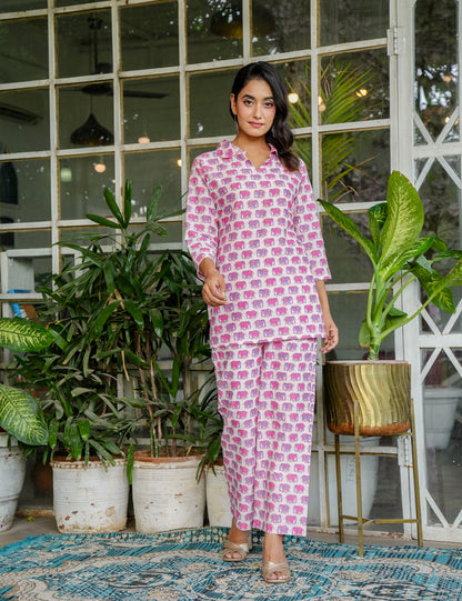 Vibrant Pink & Purple elephant print Sanganeri Printed Relaxed Fit Cotton Co-ord Set - HL129