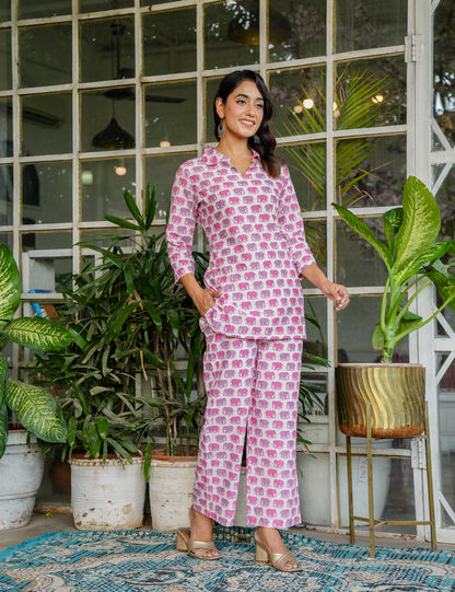 Vibrant Pink & Purple elephant print Sanganeri Printed Relaxed Fit Cotton Co-ord Set - HL129