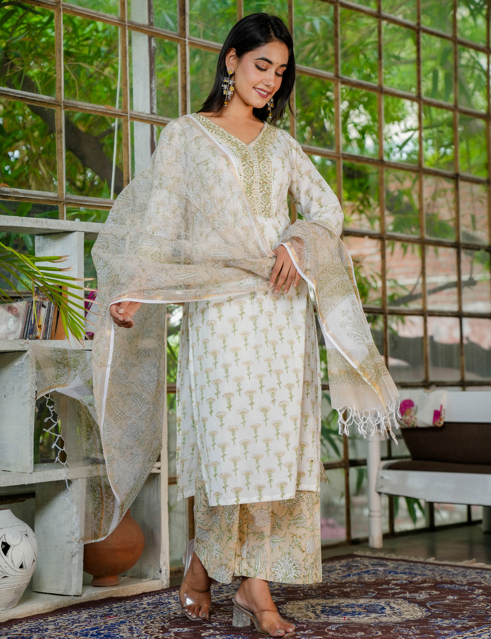 Olive Bloom Embroidered Neckline Hand Block Printed Cotton Kurta Set with Kota Doria Dupatta - HL29