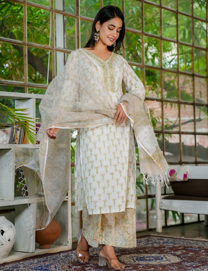 Olive Bloom Embroidered Neckline Hand Block Printed Cotton Kurta Set with Kota Doria Dupatta - HL29