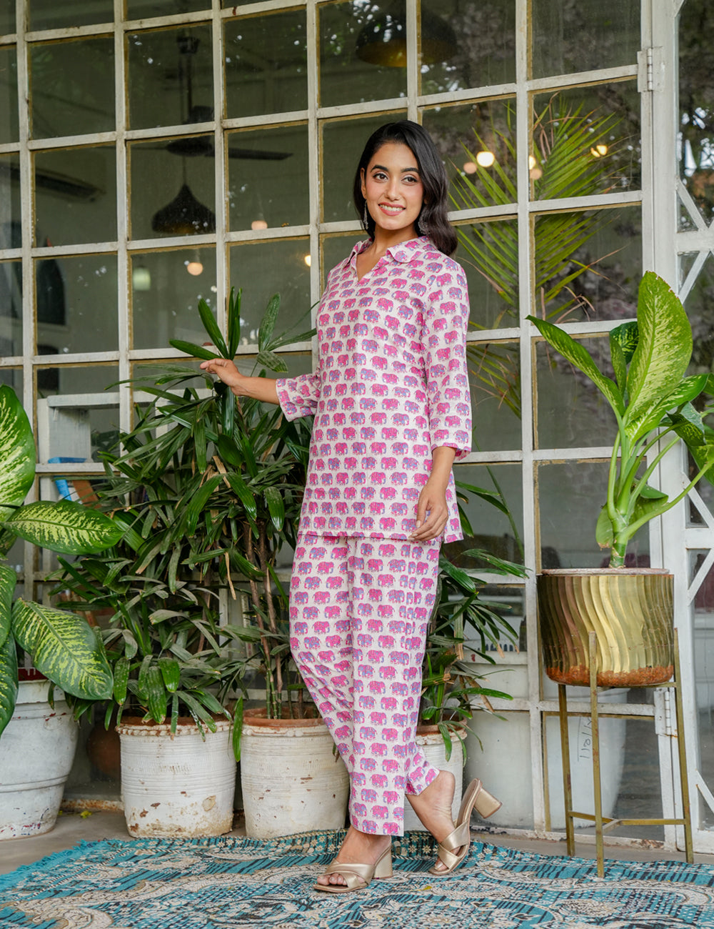Vibrant Pink & Purple elephant print Sanganeri Printed Relaxed Fit Cotton Co-ord Set - HL129