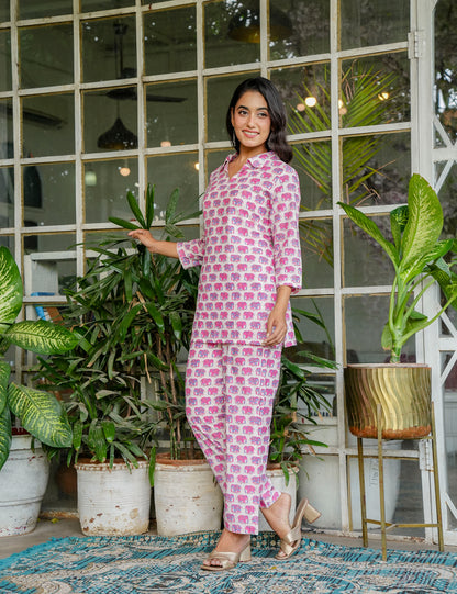Vibrant Pink & Purple elephant print Sanganeri Printed Relaxed Fit Cotton Co-ord Set - HL129