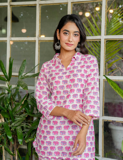 Vibrant Pink & Purple elephant print Sanganeri Printed Relaxed Fit Cotton Co-ord Set - HL129