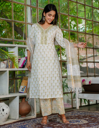 Olive Bloom Embroidered Neckline Hand Block Printed Cotton Kurta Set with Kota Doria Dupatta - HL29