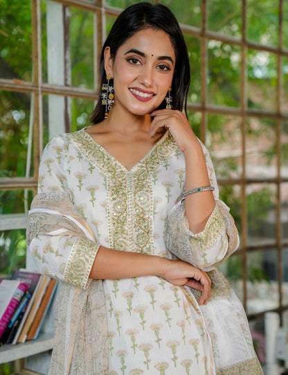 Olive Bloom Embroidered Neckline Hand Block Printed Cotton Kurta Set with Kota Doria Dupatta - HL29
