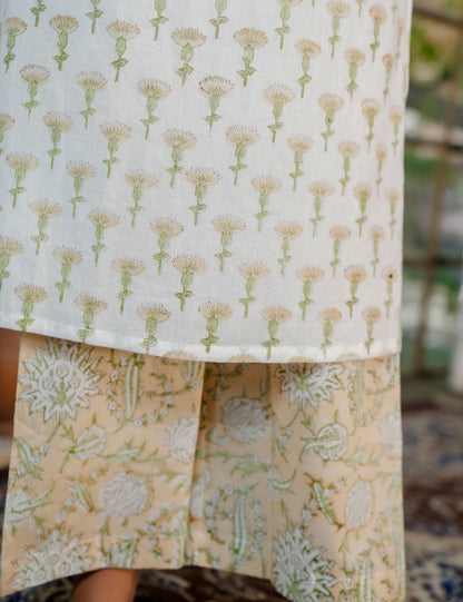 Olive Bloom Embroidered Neckline Hand Block Printed Cotton Kurta Set with Kota Doria Dupatta - HL29