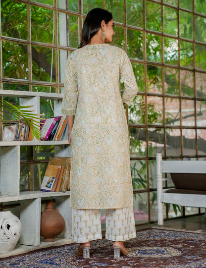 Olive Bloom Hand Block Printed Kurta Set with Kota Doria Dupatta - HL30