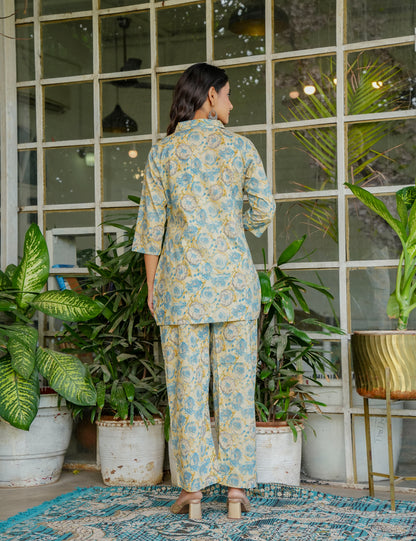 Large rose motifs Sanganeri Printed Relaxed Fit Cotton Co-ord Set - HL130