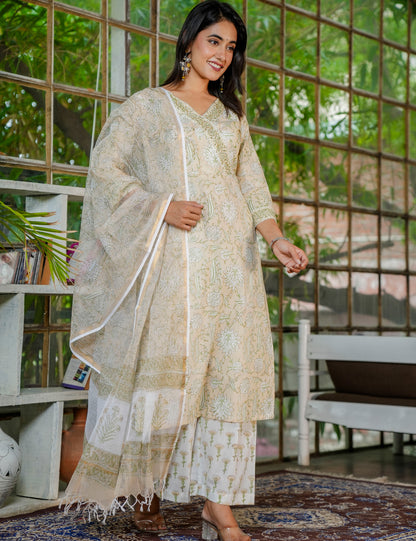 Olive Bloom Hand Block Printed Kurta Set with Kota Doria Dupatta - HL30