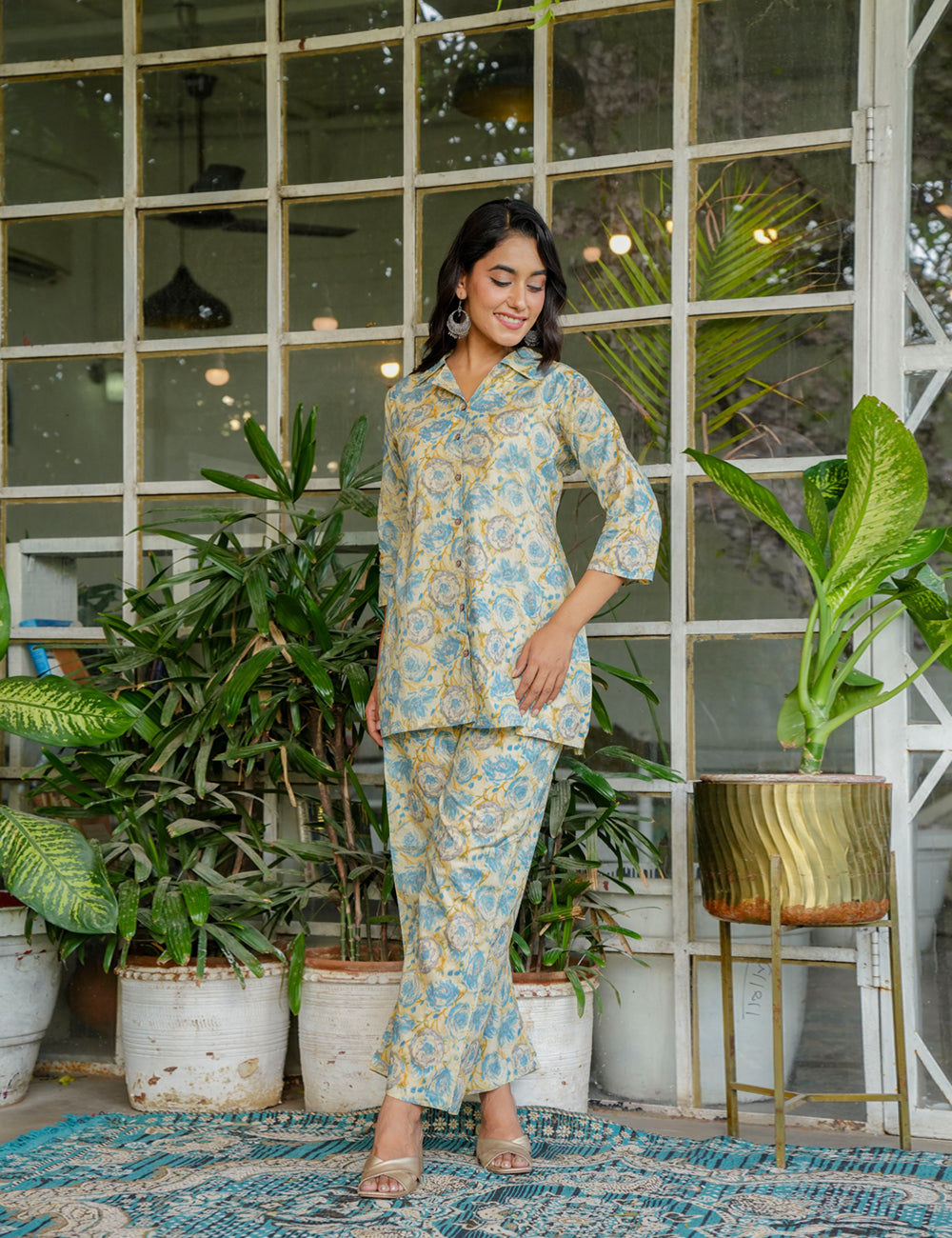 Large rose motifs Sanganeri Printed Relaxed Fit Cotton Co-ord Set - HL130