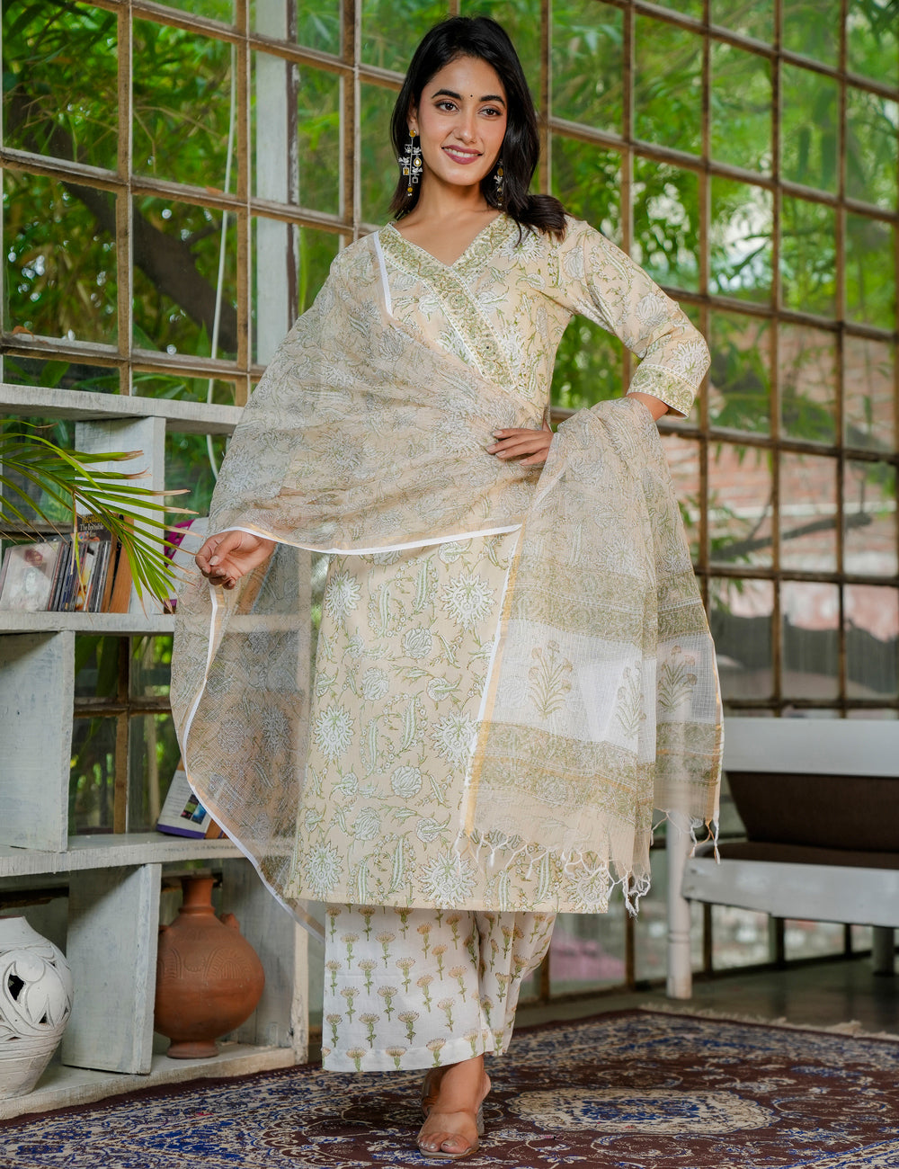 Olive Bloom Hand Block Printed Kurta Set with Kota Doria Dupatta - HL30