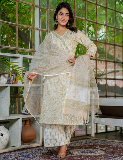 Olive Bloom Hand Block Printed Kurta Set with Kota Doria Dupatta - HL30