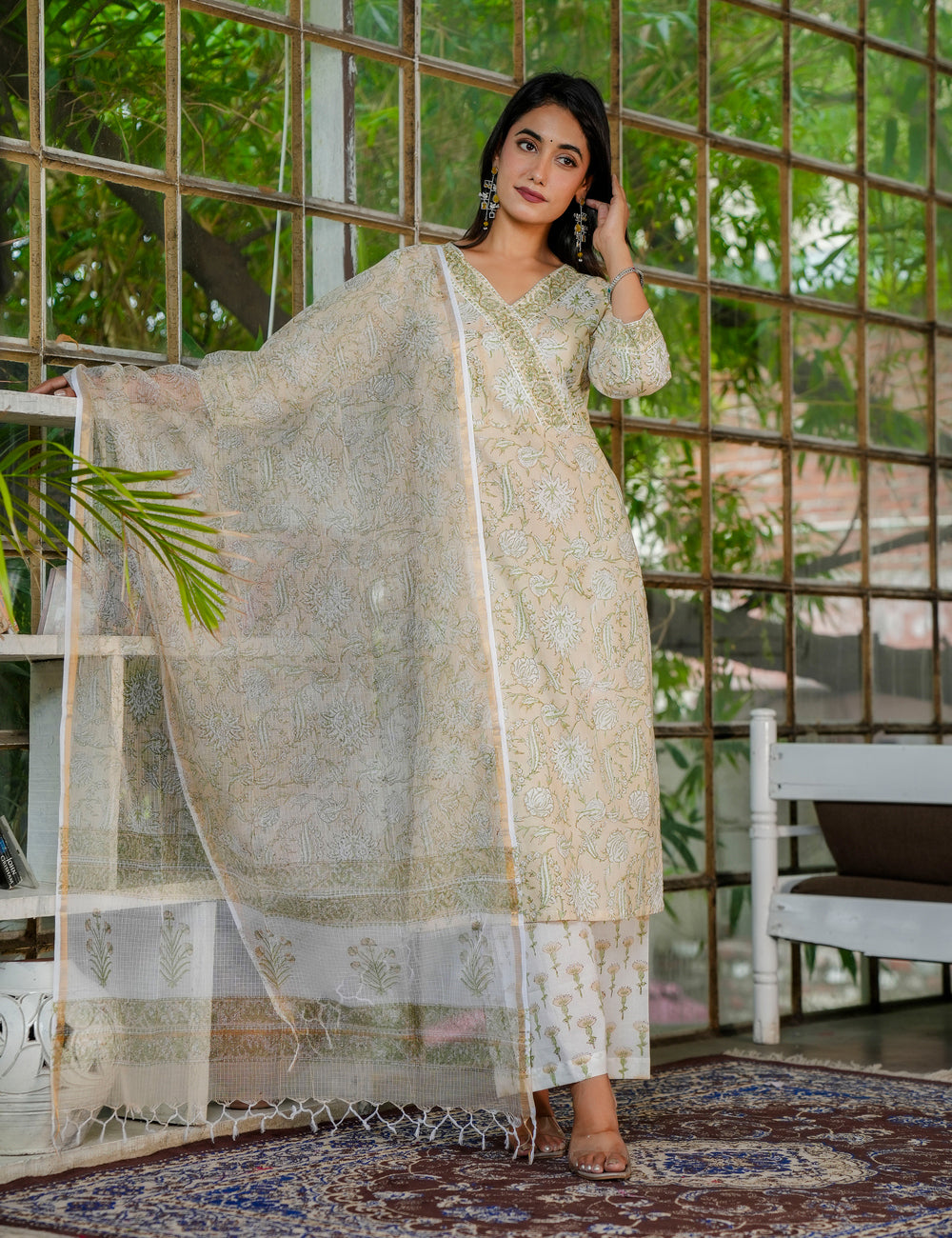 Olive Bloom Hand Block Printed Kurta Set with Kota Doria Dupatta - HL30