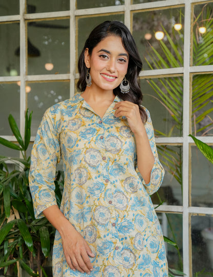 Large rose motifs Sanganeri Printed Relaxed Fit Cotton Co-ord Set - HL130