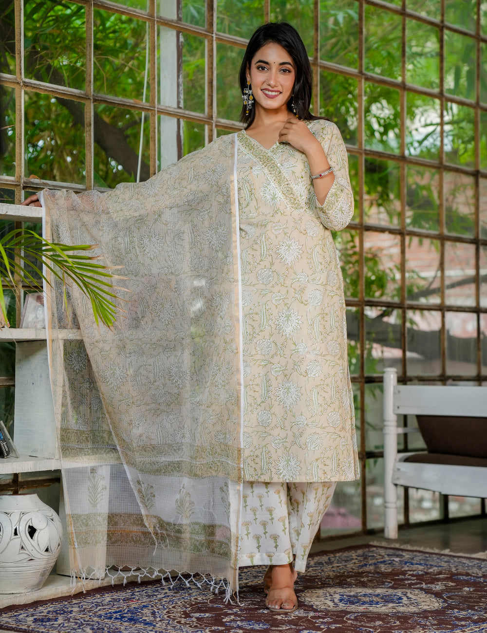 Olive Bloom Hand Block Printed Kurta Set with Kota Doria Dupatta - HL30