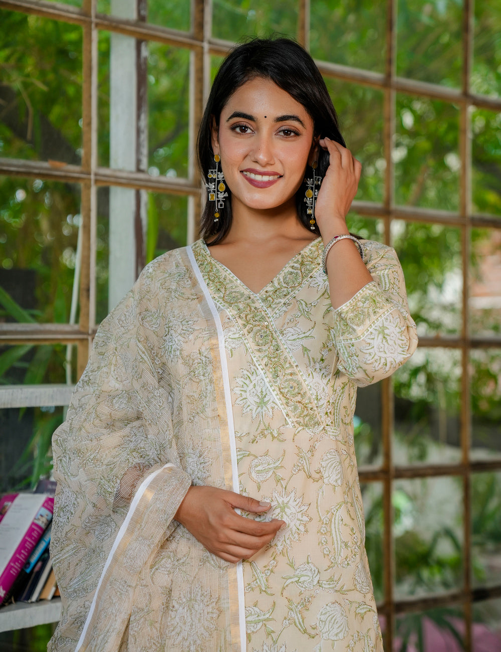 Olive Bloom Hand Block Printed Kurta Set with Kota Doria Dupatta - HL30