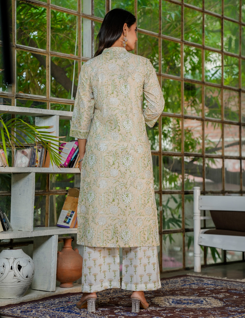 Olive Bloom Hand Block Printed V-Neckline Cotton Kurta Set with Kota Doria Dupatta - HL31